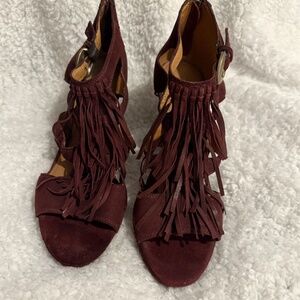 Trask Cabernet Suede Tassel Wedges Size 8m